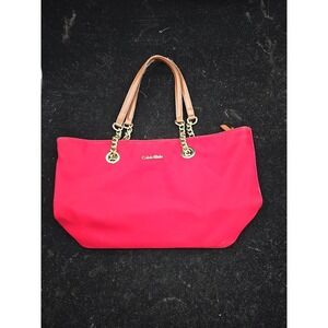 Calvin Klein Florence Nylon Bright Red & Gold Chain Small Tote Bag Purse